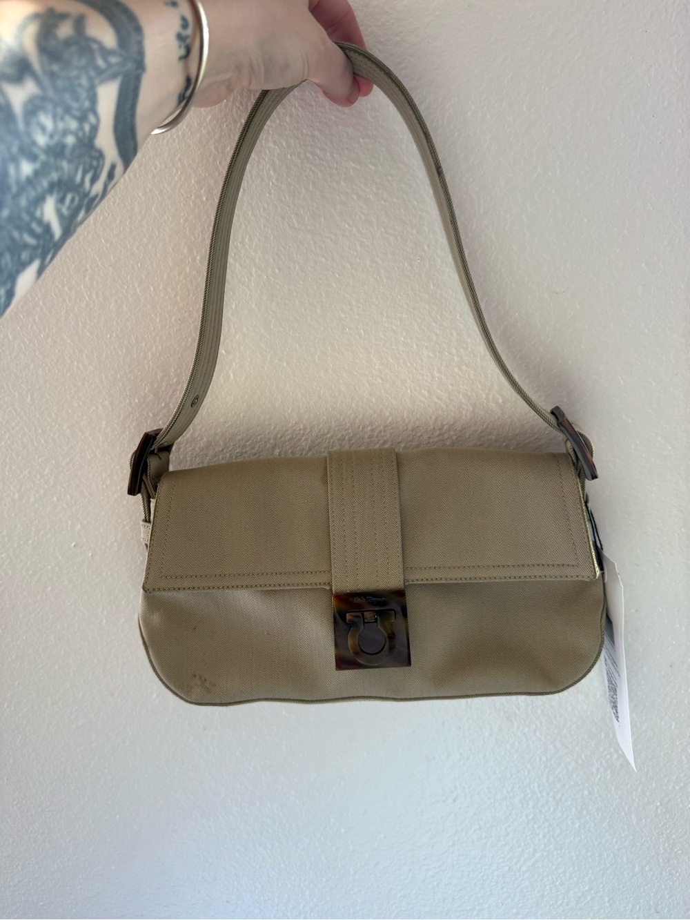 Salvatore Ferragamo Beige Shoulder Bag with Tortoiseshell-Style Clasp